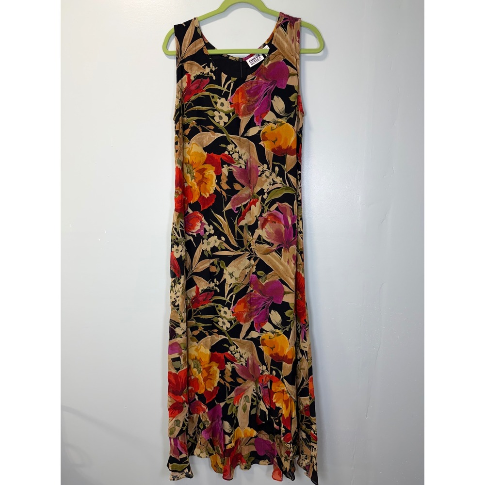 Vintage Chicos Design Floral Rayon Maxi Dress Sleeveless Ruffle Hem Size L Black